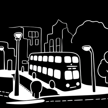 A double-decker bus with glowing windows moves along a dark street. The bus is detailed with clear lines and intricate design elements. Streetlights cast shadows on the cobblestone pavement, highlighting the contrast between the illuminated bus and the dark surroundings. Tall buildings line the street, their windows mostly dark, adding to the nighttime atmosphere. An occasional tree silhouette can be seen along the sidewalk, enhancing the depth of the scene.