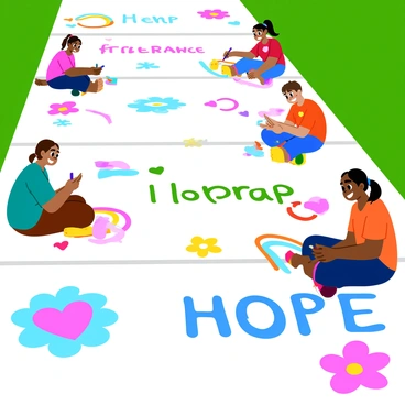 A colorful sidewalk covered in vibrant chalk art created by children. The artwork features various designs and playful drawings, including flowers, hearts, and rainbows. Prominent messages of "hope" and "tolerance" are boldly written in different colors and playful fonts throughout the scene. Children of diverse backgrounds are happily engaged in drawing, some sitting cross-legged and others standing, each focused on their own artistic creation. The setting is bright and sunny, enhancing the cheerful atmosphere.