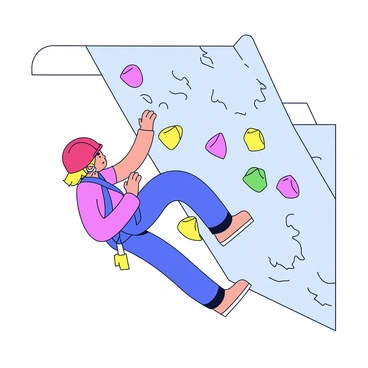 An adventurous climber is positioned on a challenging overhanging section of a climbing wall. The climber is wearing a bright red helmet and a blue climbing harness. Their hands grip various colorful holds in shades of yellow, purple, and green. The wall has textured surfaces and intricate patterns to simulate real rock conditions. The background features a simple indoor climbing gym setting with minimal decorations.