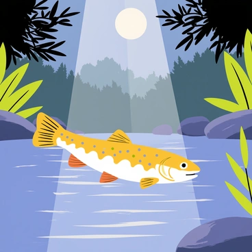 A brook trout with a vibrant, speckled body glides through a calm brook. The moonlight casts a silvery glow over the water, creating soft reflections on the surface. Small ripples gently distort the reflection of the trout. Surrounding the brook are smooth pebbles and lush green foliage, adding a sense of tranquility to the scene. Moonlit beams penetrate the trees overhead, highlighting the brook and enhancing the serene atmosphere.