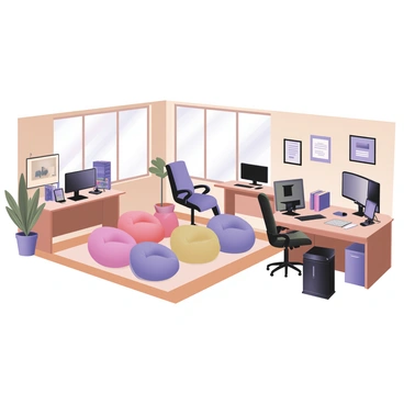 A digital flat illustration depicting a variety of flexible workspaces. On the left, there is a standing desk with a sleek computer setup and a vibrant green plant beside it. In the center, several colorful bean bags are scattered on a soft rug, inviting a casual seating arrangement. On the right, traditional desks are arranged with books, stationery, and monitors, showcasing a more conventional workspace. Large windows are allowing natural light to stream in, filling the area with brightness. The walls are adorned with artwork and motivational quotes, enhancing the creative atmosphere of the workspace.