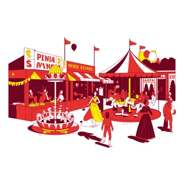 A red and yellow Indian fair is bustling with activity. Colorful stalls are lined up, each adorned with vibrant banners and bright decorations. Families are seen enjoying various games and attractions. Children are laughing as they ride on a spinning carousel with intricate designs. Nearby, a group is gathered around a food stall offering mouth-watering treats. Balloons in the air add to the festive atmosphere. Lively performers in traditional attire entertain the crowd with music and dance, creating a joyful ambiance throughout the fair.