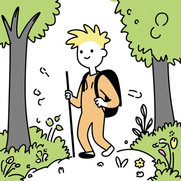 A boy with spiky blond hair, wearing an orange jumpsuit, is hiking through a lush green forest. He is surrounded by tall trees with dense foliage and vibrant green leaves. Sunlight filters through the branches, casting light patterns on the forest floor. The boy has a cheerful expression as he observes the various plants and small animals around him. A gentle breeze rustles the leaves, enhancing the peaceful atmosphere of the forest.