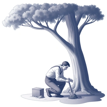 A miser is kneeling on the ground, anxiously digging with a small spade beneath a large tree. The tree has a thick trunk and sprawling branches that cast elongated shadows on the ground. The leaves are dense, partially obscuring the last light of dusk. The miser has a furrowed brow, indicating his worry, and his clothes are tattered and worn. A small pile of dirt is accumulating next to him, revealing glimpses of a wooden box partially buried in the earth. The scene is illuminated by the fading light, creating a contrast of darkening areas and faint highlights on the tree bark and the miser's hands.