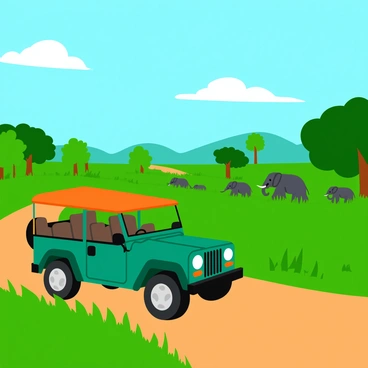 A green safari jeep with a canvas top is driving through a lush national park in Jharkhand. The jeep is positioned on a dirt path surrounded by tall grass and scattered trees. In the distance, a small herd of elephants is visible, their large bodies moving gracefully through the vibrant green landscape. The sky above is bright blue with a few fluffy white clouds, while the sun casts warm light over the scene, highlighting the textures of the trees and the elephants' skin.