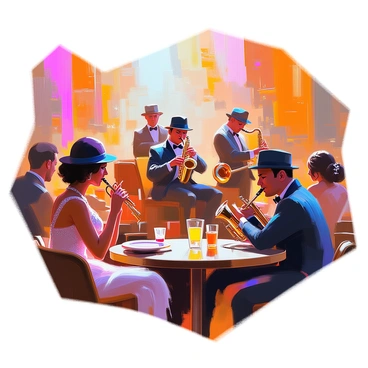 A lively 1920s jazz club scene features a band of musicians on stage. The band includes a saxophonist, a trumpeter, and a pianist, all immersed in their performance. The musicians are dressed in classic 1920s attire, with sharp suits and stylish hats. In the foreground, patrons are seated at small, round tables, engaging in conversation and enjoying their drinks. The women wear elegant evening gowns adorned with sequins and feathers, while the men sport tuxedos and bow ties. The atmosphere is vibrant, filled with the energy of the music and the chatter of the guests. Jazz-themed decor, such as vintage posters and dim lighting, enhances the ambiance of the club.
