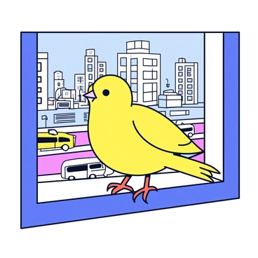A small finch with yellow feathers is perched on a windowsill. The bird has a delicate beak and bright, curious eyes. Below, the busy city streets are filled with cars, buses, and pedestrians. Skyscrapers can be seen in the background, towering over the scene. The sunlight casts soft shadows on the windowsill, highlighting the finch's features.