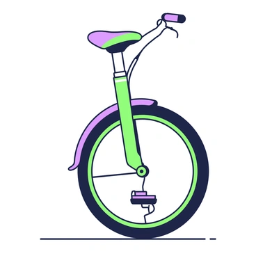 A unicycle stands upright on a flat surface. Its wheel is large and circular, with a sturdy frame constructed from metal. The unicycle has a unique brake handle that is attached to the seat post, exhibiting a distinctive design. The seat is padded for comfort and is positioned above the frame. The brake handle is angled elegantly, showcasing its innovative structure. The pedals are visible, positioned near the bottom of the wheel, ready for a rider.