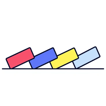 A line of colorful dominoes is arranged on a flat surface, each domino displaying a different vibrant color such as red, blue, yellow, and green. The dominoes are standing upright in a straight line, with the first domino slightly tilted, indicating the moment just before it starts to fall. The background is plain, emphasizing the falling motion of the dominoes.