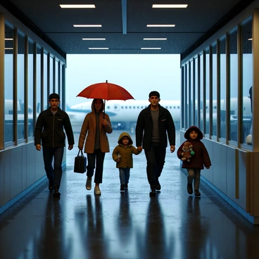 Passengers running through a jet bridge with rain pouring down outside