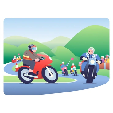 A historical motorcycle race takes place on a winding road surrounded by lush green hills. Several racers are seen, each wearing vintage racing gear. One racer with a leather helmet and goggles is riding a bright red motorcycle, leaning into a curve. Another racer, dressed in a blue and white checkered racing suit, is on a classic black motorcycle, with a determined expression on their face. In the background, a crowd of spectators, some waving flags, watches the race with excitement. The scene captures the essence of the era, with period-appropriate motorcycles lined up along the track, showcasing their chrome details and classic designs. The bright blue sky above contrasts with the vibrant colors of the motorcycles.