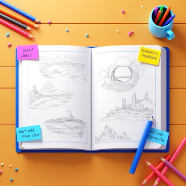 An open sketchbook lying on a wooden desk with pages filled with detailed illustrations. Various sketches depict landscapes, characters, and abstract designs. Handwritten feedback notes in vibrant colors are placed on the edges of the pages, with words like "great detail" and "add more color" visible. The sketchbook is surrounded by scattered colored pencils and a cup filled with pens, creating a creative atmosphere.