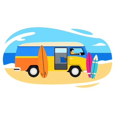A colorful VW van parked on the beach with its side doors open. The van is painted in bright shades of blue, yellow, and orange, capturing attention against the sandy landscape. Several surfboards are leaning against the side of the van, featuring various designs and vibrant colors. The beach stretches out in the background with gentle waves lapping at the shore. A clear blue sky is overhead, dotted with a few fluffy white clouds.