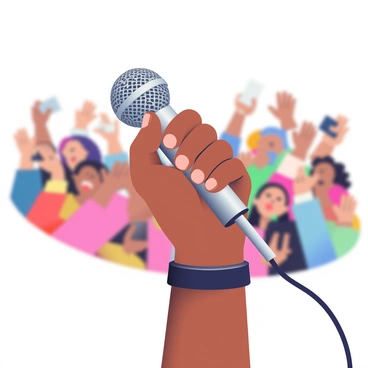 A close-up of a hand holding a microphone with a crowd in the background