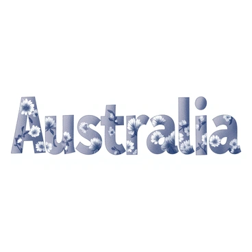 The word "Australia" is formed by elegant lettering, intricately designed to resemble various native flowers. Each letter showcases detailed illustrations of native Australian flora, such as wattle, eucalyptus, and banksia. The flowers are depicted with their characteristic shapes and textures, creating a vibrant composition. The background is simple to emphasize the floral letters, allowing the intricate details of the flowers to stand out prominently.
