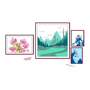 A white wall serves as a backdrop for a captivating display of various illustration techniques. On the left side, there is a vibrant watercolor painting featuring blooming flowers in soft hues of pink and yellow. Next to it, a detailed pencil sketch showcases a majestic landscape with mountains and trees. In the center, a striking digital art piece depicts a futuristic cityscape in bold shades of teal and blue. Adjacent to it, an intricate ink illustration of a mythical creature stands out with sharp lines and a contrasting background. Each piece is framed elegantly, emphasizing the diversity of styles and techniques used in the artworks.