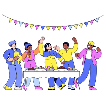 A lively festival scene with a group of people dancing joyfully. The dancers wear bright, traditional clothing in various colors. Colorful decorations, such as banners and streamers, hang overhead in a variety of shapes and patterns. On a nearby table, there are traditional sweets displayed in an appealing arrangement, including sweets on small plates and in decorative bowls. The atmosphere is filled with energy and excitement, as people engage in celebration.