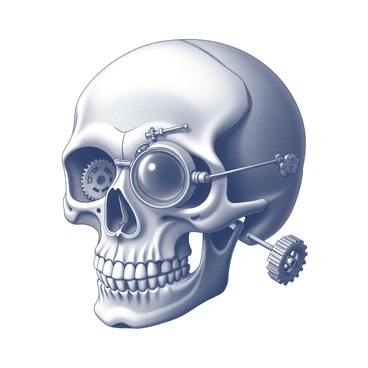 A detailed skull positioned centrally, featuring intricate steampunk gears embedded within various crevices. The skull has a polished metallic appearance, with some gears visibly turning. A vintage monocle is attached to one side of the skull, showcasing delicate filigree patterns along its rim. Additional smaller gears are scattered around the base of the skull, enhancing the steampunk aesthetic. The overall composition conveys a mechanical and surreal theme.