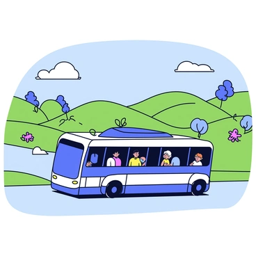 An electric bus with a bright blue body and white accents moves along a smooth road. The bus has large windows revealing passengers seated inside, some looking out and others engaged in conversation. The landscape surrounding the road is a vibrant green, filled with rolling hills and clusters of trees. In the distance, there are patches of wildflowers adding splashes of color to the scene. The sky above is clear with a few fluffy clouds drifting by.