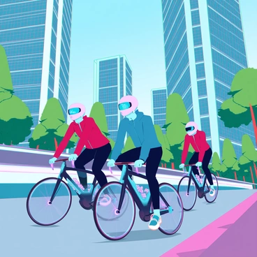 A group of cyclists riding futuristic bicycles designed with sleek aerodynamic shapes and glowing accents. Each cyclist wears a high-tech helmet with a visor displaying digital information. The city around them features tall, glass skyscrapers with solar panels and vertical gardens. Lush greenery lines the streets, with eco-friendly vegetation and smart streetlights illuminating the pathway. The cyclists navigate through wide, clean boulevards and smart pathways, showcasing advanced urban transport systems, while a clear blue sky stretches above.