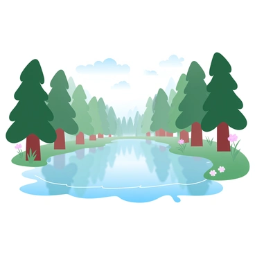 A forest with tall, green trees surrounding a crystal-clear lake. The lake reflects the trees perfectly, creating a mirrored effect on the water's surface. Soft ripples can be seen at the edges of the lake where the water meets the shore. Sunlight filters through the branches, casting gentle patterns of light on the ground. Lush grass and small wildflowers are growing near the water's edge.