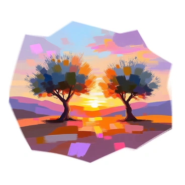 A group of olive trees stands silhouetted against a vibrant sunset in the countryside. The trees have twisted trunks and a dense canopy of silvery-green leaves. The sky is painted with a spectrum of colors including deep oranges, pinks, and purples as the sun dips below the horizon. The rolling hills of the countryside stretch out in the background, creating a serene landscape. Soft shadows of the trees fill the foreground, enhancing the contrast with the colorful sky.
