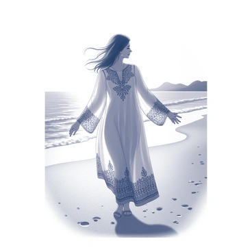 A woman is standing on a sandy beach. She is wearing a kaftan with intricate patterns and designs. The sun is setting on the horizon, casting shadows and creating a serene ambiance. The woman's hair is flowing gently in the breeze, and she has her arms slightly raised, embracing the warm air. The texture of the sand is visible, with small grains reflecting the fading light. In the background, the silhouette of distant waves can be seen, gently lapping at the shore.