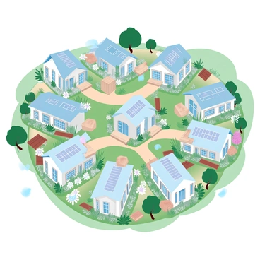 A detailed floor plan of an ecological community featuring multiple sustainable homes arranged in clusters. Each home is designed with solar panels on the roofs and large windows for natural light. Surrounding the homes are lush gardens filled with a variety of plants, flowers, and vegetables. Pathways made of recycled materials meander through the community, connecting the homes to communal areas. There are community spaces with benches made from natural wood and areas designated for rainwater harvesting systems. The overall layout promotes eco-friendly living with ample greenery and well-planned spaces for community gatherings.
