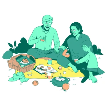 A teal zombie father sits on a yellow picnic blanket, smiling as he prepares sandwiches. Next to him, a teal zombie mother is pouring orange juice into two small cups. Their two children, a teal zombie boy and a teal zombie girl, are playing with a small orange ball nearby. A wicker basket filled with snacks, such as apples and cookies, is placed to the side. In the background, there are trees and grass, adding to the park setting.