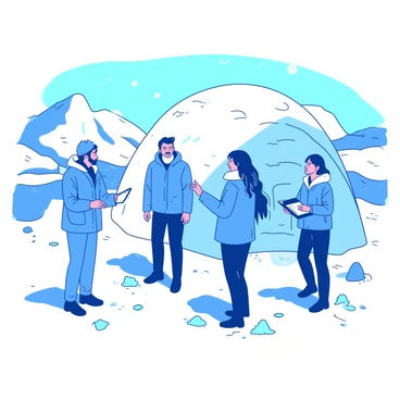 A group of five researchers wearing bright blue and white winter gear is engaged in a heated discussion outside a large, white igloo. The researchers are standing on a snowy landscape, with snowflakes gently falling around them. One researcher, a woman with long brown hair, is gesturing animatedly, while another researcher, a man with a short beard, is holding a clipboard and pointing towards the igloo. Two other researchers, a man and a woman, are looking at each other with concerned expressions. In the background, a vast expanse of icy terrain and snow-covered hills can be seen under a pale blue sky.