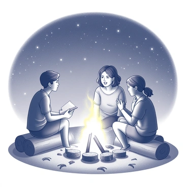 A group of three friends seated around a campfire. The flames of the fire dance, casting flickering shadows on their faces. One friend is leaning forward, animatedly sharing a story, while the other two listen intently, their expressions reflecting curiosity and amusement. Above them, a vast night sky filled with stars shines brightly, creating a backdrop for the scene. The ground is covered with scattered twigs and leaves, and there are logs arranged around the fire for seating.