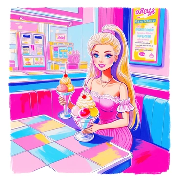 Barbie indulging in a sundae at a retro 80s ice cream parlor