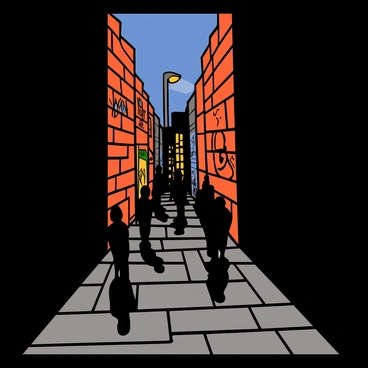 A narrow alleyway with cobblestone ground, lined with tall brick buildings that create a sense of confinement. The walls are covered in strange symbols and graffiti, appearing in various colors that contrast against the dark stone. Shadowy figures, indistinct and lurking, are scattered along the alley, some partially obscured by the darkness. Dim, flickering light from a distant streetlamp casts elongated shadows, enhancing the mysterious atmosphere of the scene.