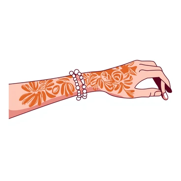 A bride's wrist is decorated with intricate mehndi patterns in deep orange shades. The mehndi design features floral motifs and elaborate swirls that wrap around the wrist. A delicate pearl bracelet sits gracefully on her wrist, complementing the rich patterns of the mehndi. The pearls of the bracelet shine brightly, creating a contrast against the orange tones of the mehndi. The overall composition captures the elegance and beauty of the bride's adornments.