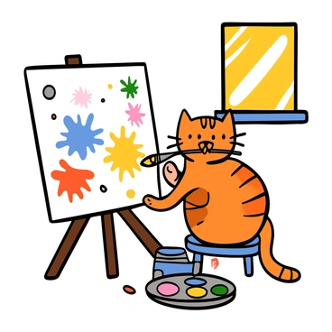 A cute tabby cat with orange stripes sitting on a small stool, holding a paintbrush in its mouth. The cat is looking at a canvas in front of it, where vibrant splashes of paint in various colors are visible. The setting includes a palette filled with different shades of paint, and the cat’s paws are slightly smeared with bright colors. Sunlight is streaming in through a nearby window, illuminating the scene and highlighting the cat's focused expression.