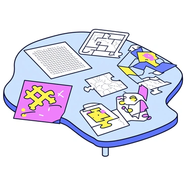 A table with a smooth surface displaying various illustrated brain teasers. There are colorful puzzle pieces scattered across the table, including a maze, a word search, and a connect-the-dots drawing. Each brain teaser is printed on lightweight paper with bold outlines and vibrant colors. Some teasers have grid patterns, while others feature whimsical illustrations. A pencil is placed next to the puzzles, ready for use. The background of the scene is a simple, solid color to emphasize the details of the brain teasers on the table.