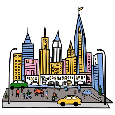 A bustling city street filled with tall line art skyscrapers reaching towards the sky. The buildings are characterized by their sharp angles and intricate designs. There are several cars in different colors moving along the road, with some parked along the sidewalks. People are walking on the sidewalks, engaging in various activities, creating a lively atmosphere. Streetlights stand tall, illuminating the scene with a sense of urban energy.