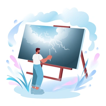 An artist is seen standing in an open field, focusing intently on a large canvas. The canvas displays a dramatic stormy scene with dark clouds swirling above, illuminated by bolts of lightning. The artist is holding a paintbrush, poised to add details to the chaotic sky. Surrounding the artist are tall grasses swaying in the wind, reflecting the turbulence of the atmosphere. Dark shades of gray and blue dominate the sky, contrasting with the vibrant splashes of color on the canvas.
