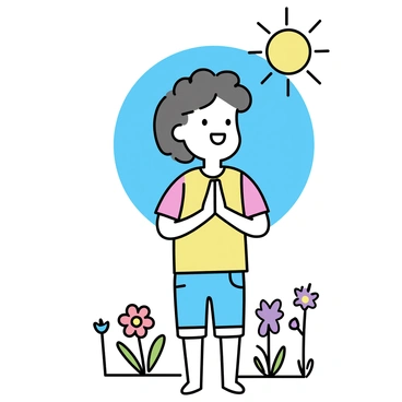 A child with brown hair, wearing a colorful t-shirt and denim shorts, stands in a field of wildflowers. The child is doing "namaste" with both hands pressed together in front of their chest. A bright sun is shining in the blue sky above, casting warm light on the scene. The wildflowers around the child are in various colors, including red, yellow, and purple, creating a vibrant, natural setting. The child has a joyful smile on their face as they look up toward the sun.