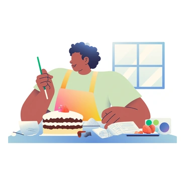 An illustrator with light brown skin and short curly hair is standing at a kitchen countertop, focused on creating a visually appealing depiction of a delicious dessert. In front of her is a partially finished cake, with rich layers of chocolate and vanilla frosting. Beside the cake, there are various ingredients laid out, including a bowl of fresh strawberries, a dusting of powdered sugar, and a whisk. 

The illustrator holds a paintbrush in her right hand and has a palette of vibrant colors in her left hand, ready to add details to the cake illustration. On the countertop, there is also an open recipe book, showing the layout of the dessert's ingredients and steps. In the background, a window allows natural light to flood the space, illuminating the scene and highlighting the colorful ingredients and tools.