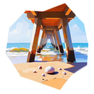 A view of a wooden pier supported by tall, sturdy wooden pillars rising from sandy beach foundations. The pillars are weathered, showing signs of age with peeling paint and rough textures. The sandy beach stretches out beneath the pier, with patches of golden sand and scattered small pebbles. Gentle waves lap against the base of the pillars, creating a rhythmic splash. In the distance, the calm sea meets a clear blue sky, enhancing the tranquil setting. A few seashells are scattered across the sand, adding to the beach atmosphere.