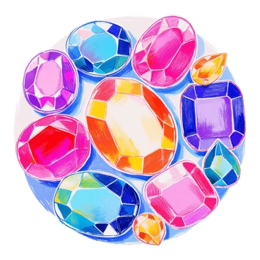 A vibrant assortment of gemstones is arranged in a perfect circle. The gemstones include a brilliant red ruby, a deep blue sapphire, an emerald green stone, and a bright yellow topaz. Each gemstone has a unique cut, such as oval, round, and pear shapes, showcasing their facets that reflect light. The colors of the gemstones range from rich purples to vivid oranges, creating a striking visual contrast. The arrangement emphasizes their brilliance, with each gemstone carefully positioned to highlight its individual beauty.