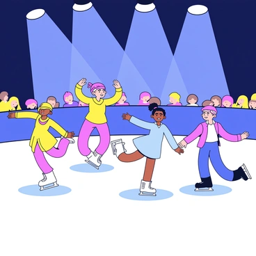 A vibrant figure skating showcase with multiple skaters performing under bright spotlights.