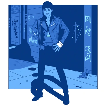 A blue Michael Jackson is wearing a black leather jacket adorned with silver studs, black pants, and a white glove on his right hand. He is striking a tough pose with one hand on his hip and the other raised slightly in front of him. In the background, there are graffiti-covered walls and a dimly lit alley, creating an urban setting. Shadows are cast around him, accentuating his confident stance and the details of his outfit. A few discarded items are scattered on the ground, adding to the gritty atmosphere of the scene.