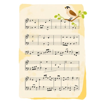 A vintage music sheet with yellowed edges, featuring ornate black musical notes printed on it. In the top right corner, there is an illustration of a "nightingale" perched on a delicate branch with green leaves. The nightingale is depicted with soft brown feathers and a white belly, and it has a small open beak, as if singing. The background of the music sheet is filled with faded floral patterns, adding to its antique charm.