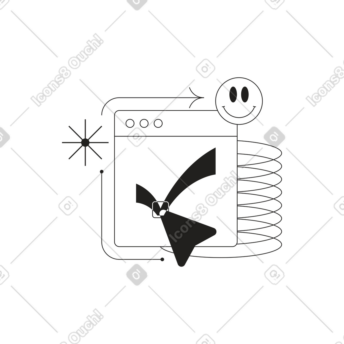 Browserfenster mit häkchenauswahl und genehmigendem emoticon-Illustration im Tokyo-Stil als Download in PNG, SVG