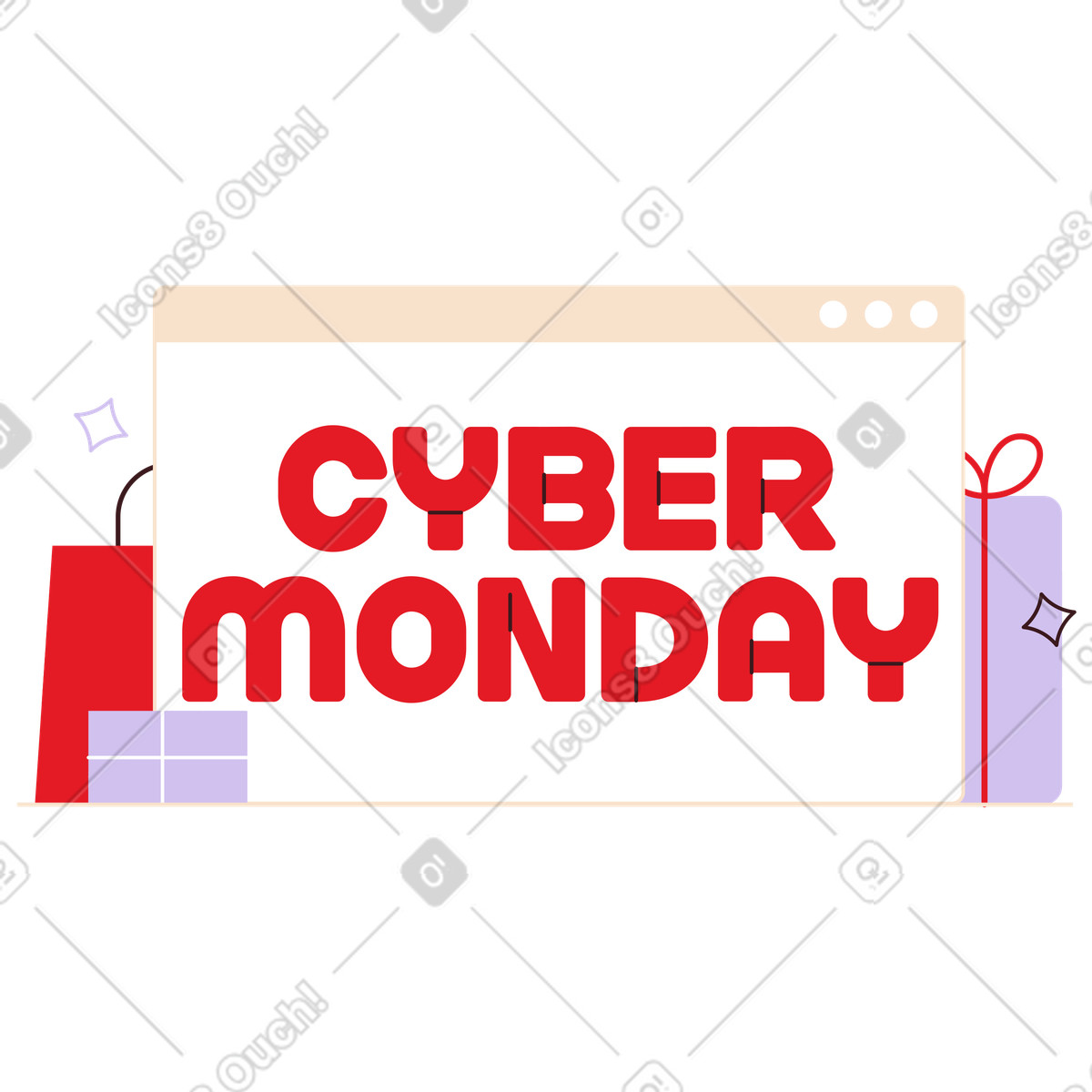Cyber monday lettering in browser window, e-commerce sale event and digital shopping illustration Folks style download PNG, SVG