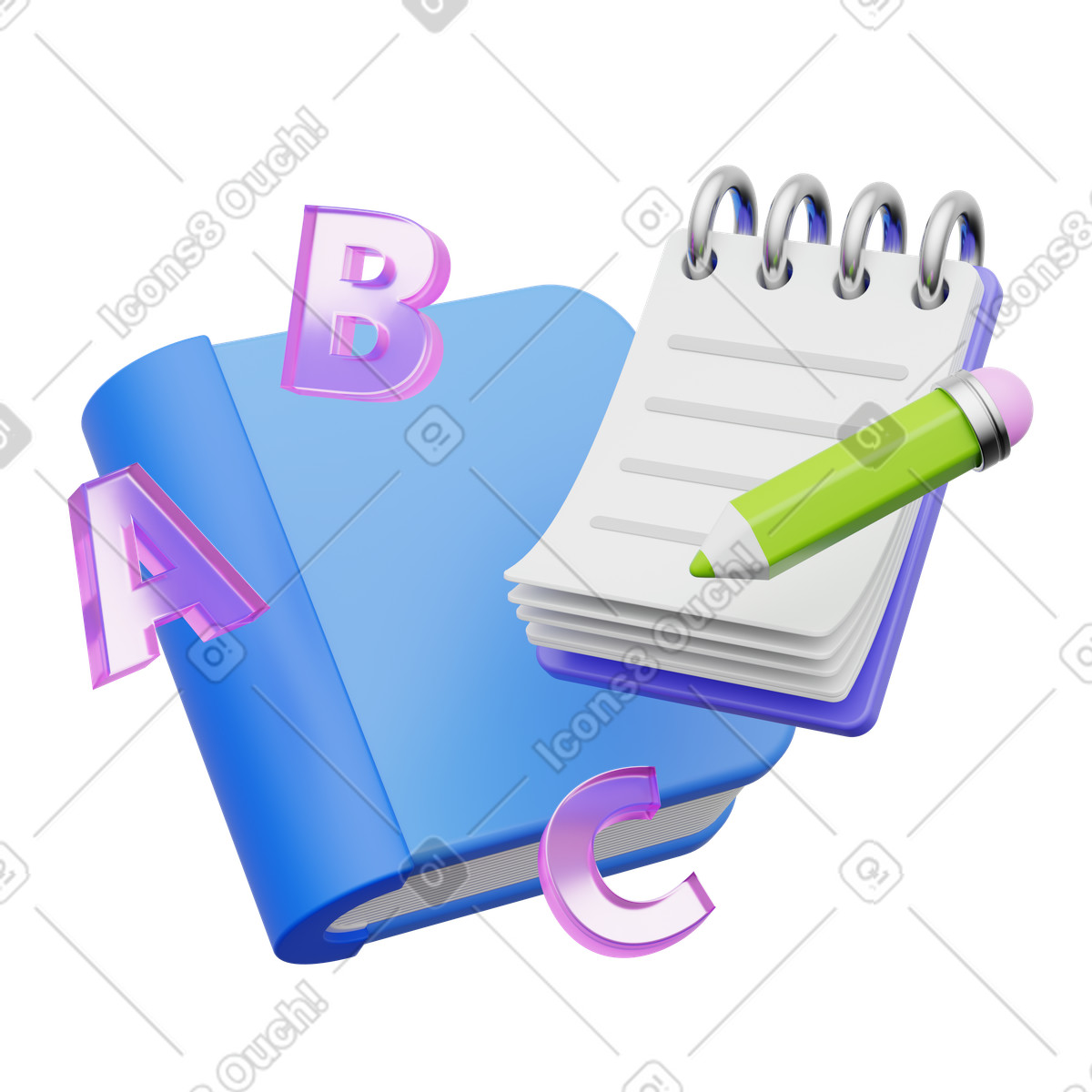 Education with book, notepad and pencil, learning tools, interactive study materials for note-taking illustration in 3D Playful style download in PNG, SVG