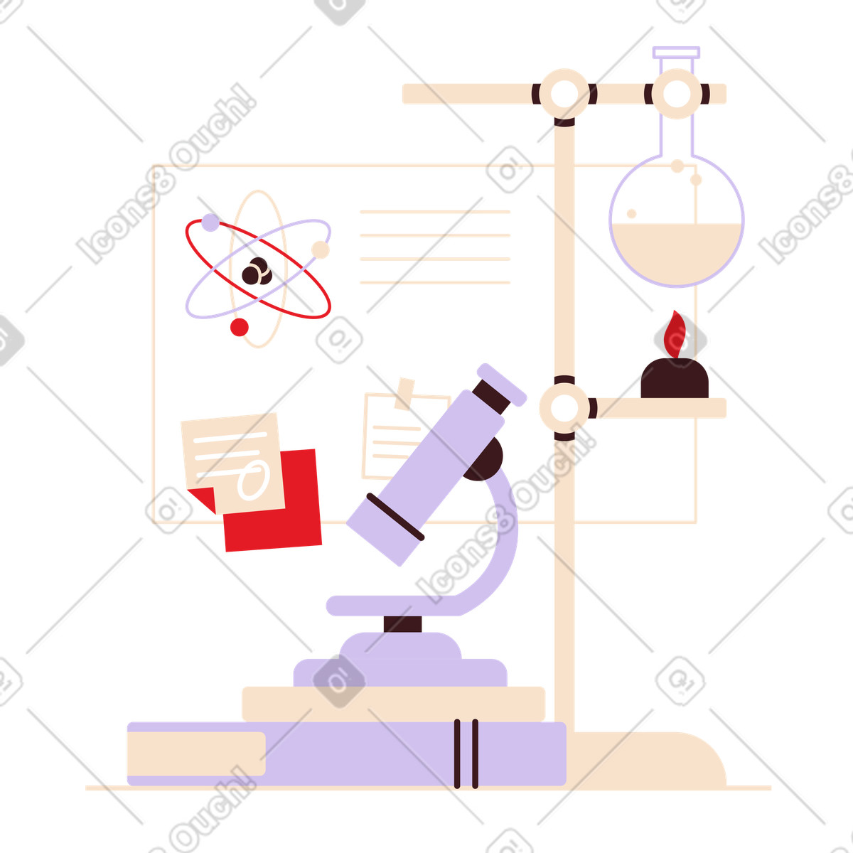 Illustration Microscope, livres et flacons de chimie dans le style Folks à télécharger aux formats PNG, SVG