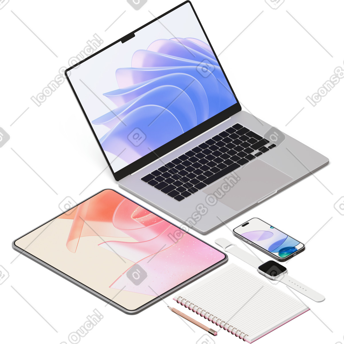 Vista isometrica di laptop, tablet, notebook, smartwatch illustrazione in stile 3D Hygge scarica in PNG, SVG